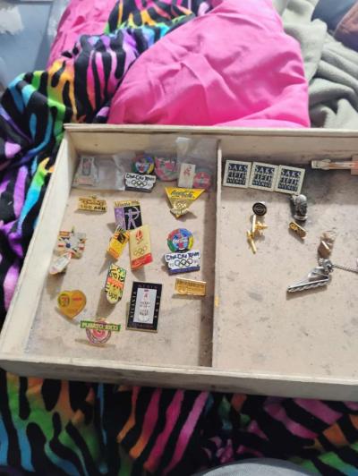 collection pins and vintage jewelry box