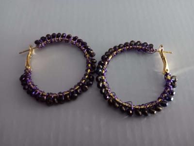 18 K Gold Earrings Wrapped with Purple  Beads - Thumbnail 2