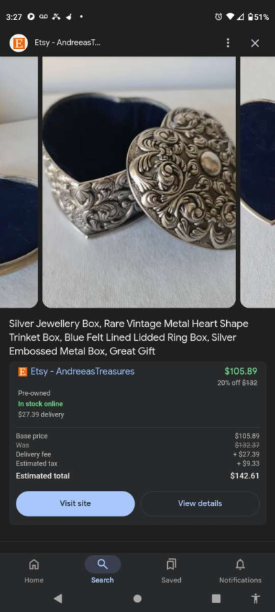 rare vintage metal heart shape trinket box blue velvet - Thumbnail 2