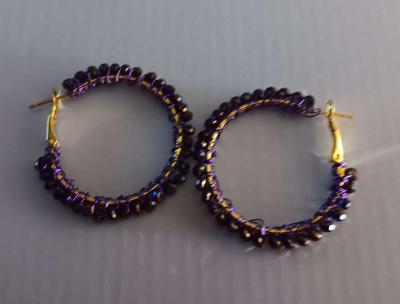 18 K Gold Earrings Wrapped with Purple  Beads