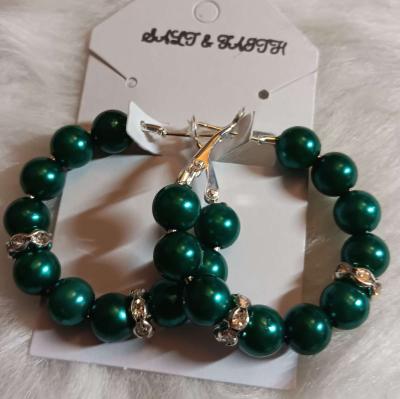 Silver and Green Beaded Hoop Earrings - Thumbnail 2