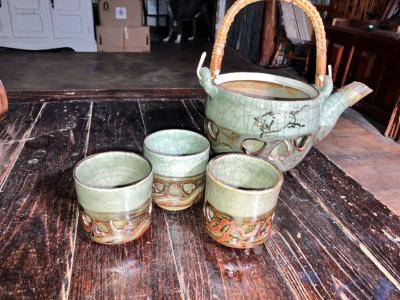 Vintage Japanese Somayaki Somamare 3 Tea Set Green Crackle G - Thumbnail 2