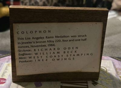 1984 LOS ANGELES RAMS MEDALLION - Thumbnail 3