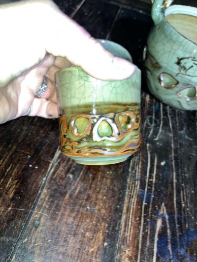 Vintage Japanese Somayaki Somamare 3 Tea Set Green Crackle G - Thumbnail 3