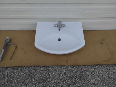 White Bathroom Wall Mount Vanity Sink Plus Faucet Like New - Thumbnail 2