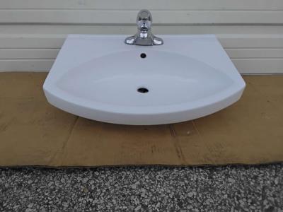 White Bathroom Wall Mount Vanity Sink Plus Faucet Like New - Thumbnail 5