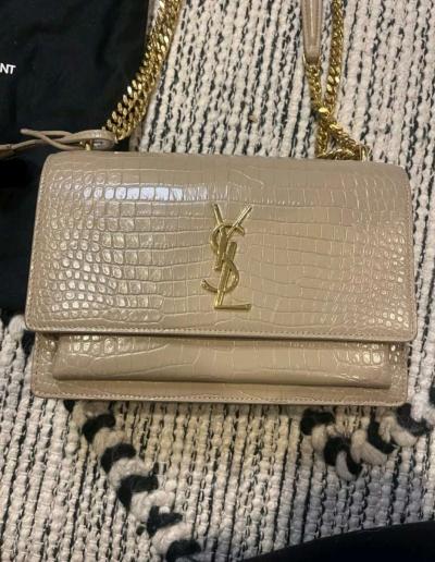 YSL Dark  Beige Medium Sunset CrocEmbossed Leather Shoulder - Thumbnail 5