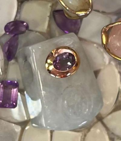 14K Gold Carved Jade  Amethyst Pendant - Thumbnail 4
