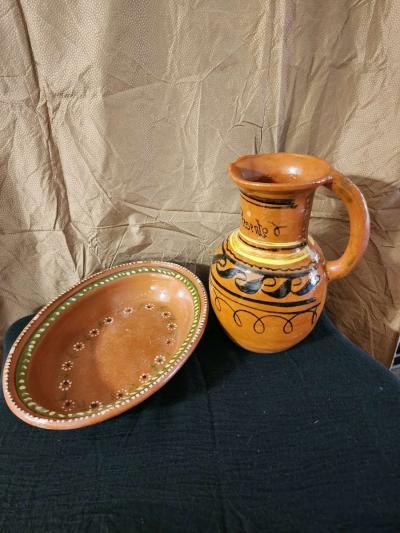 Hand painted Clay Mexican pitcher and bowl - Thumbnail 2