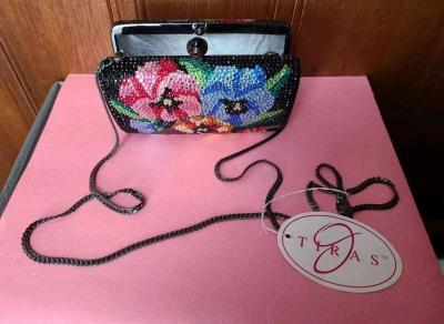Multicolored Rhineston Flower Shape Clutch Bag Chain and Han
