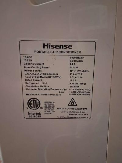 8000 btu Hisense portable air conditioner - Thumbnail 2