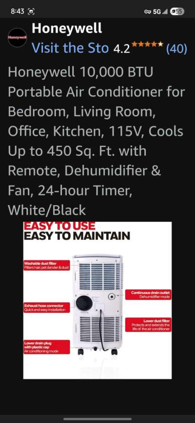 Honeywell 10000 BTU Portable Air Conditioner  Dehumidifier - Thumbnail 5