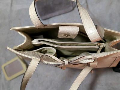 Cream Structured Leather Tote with Double Handles - Thumbnail 4