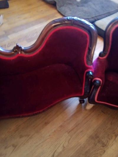 childrens Victorian style couch and chairs velvet  mahogany - Thumbnail 4
