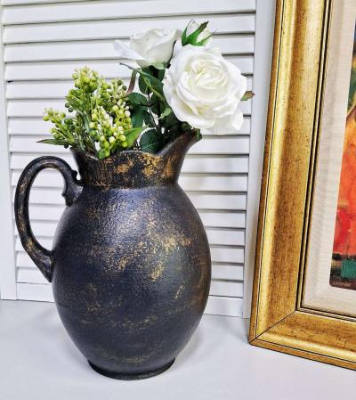 Vintage Black and Gold Ceramic Farmhouse Pitcher - Thumbnail 2