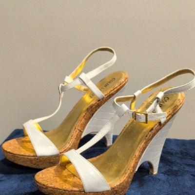 Gold and White Platform Sandals with Cork Wedge size 10 - Thumbnail 4