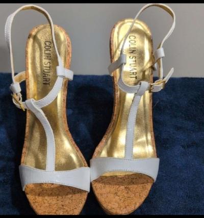 Gold and White Platform Sandals with Cork Wedge size 10 - Thumbnail 2