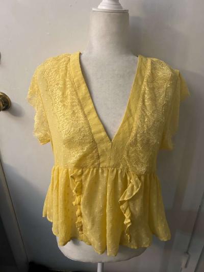 Zara Yellow Polka Dot Ruffle Lace Short Sleeve Blouse Size S - Thumbnail 3