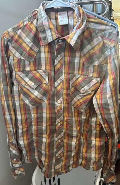Men true religion plaid mens shirt size Large grey red orang - Garden Grove, California