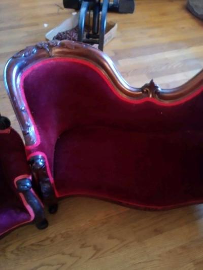 childrens Victorian style couch and chairs velvet  mahogany - Thumbnail 5
