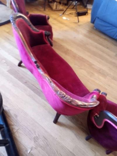 childrens Victorian style couch and chairs velvet  mahogany - Thumbnail 6