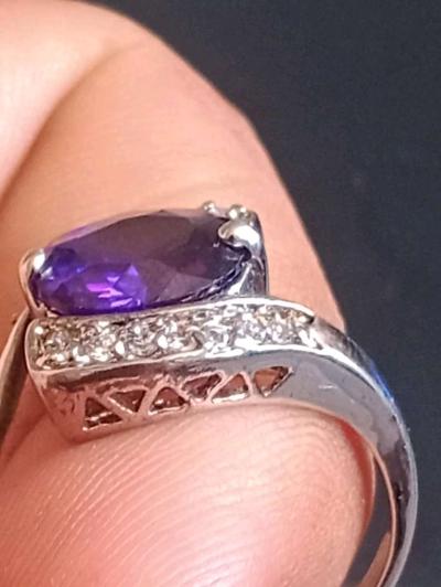 14K White Gold Amethyst and Diamond ring size 85 for women - Thumbnail 6