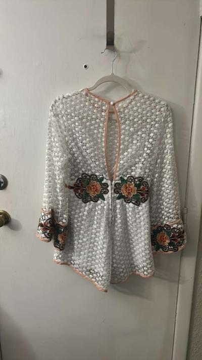 Luxxel White Embroidered Floral Romper with Bell Sleeves Siz - Thumbnail 5