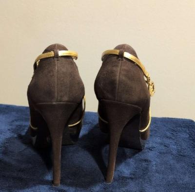 Brown and Gold Heeled Boots with Metallic Straps size 10 - Thumbnail 3