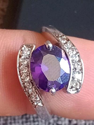 14K White Gold Amethyst and Diamond ring size 85 for women - Thumbnail 4