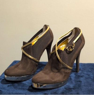 Brown and Gold Heeled Boots with Metallic Straps size 10 - Thumbnail 4
