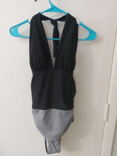 BlackWhite Halter Striped One Piece Bathing Suit Size S - Thumbnail 2