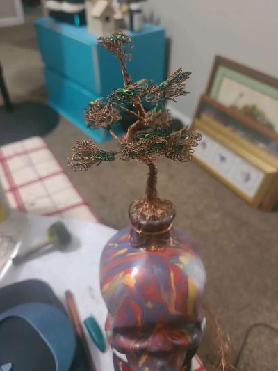handmade painted skull with copper wire tree - Thumbnail 2