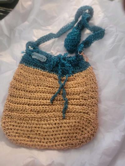 Crochet Teal and Gold  shoulder Strap Tote - Thumbnail 3