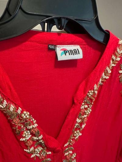 complete dress set in bright red color with all border work - Thumbnail 3