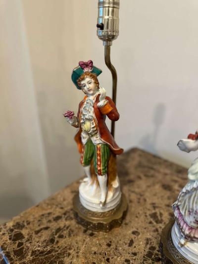 Vintage Porcelain Figurine Table Lamps Set French Man And Wo - Thumbnail 2