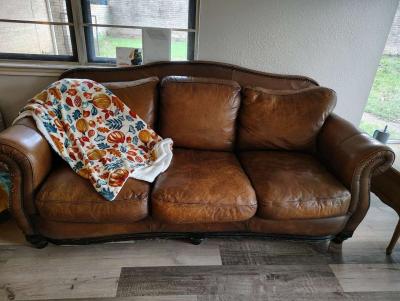 Rustic Brown leather couch and chair - Thumbnail 1