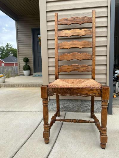 Vintage Wooden Ladder Back Chair with Woven Seat Antique Gre - Thumbnail 2