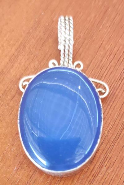 large blue opal cabochon set in sterling silver pendant - Thumbnail 5