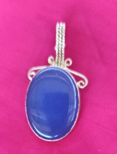 large blue opal cabochon set in sterling silver pendant - Thumbnail 2