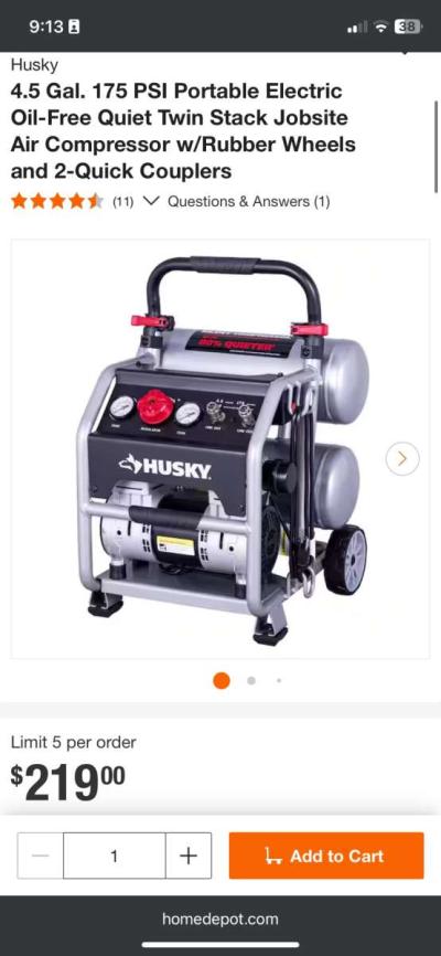 Husky45 Gal 175 PSI Portable Electric OilFree Quiet Twin Sta - Altoona, Pennsylvania