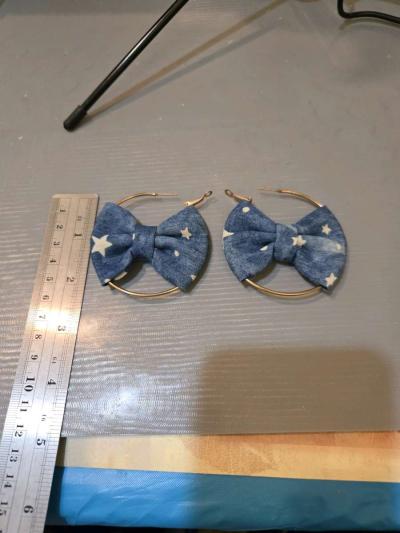 Blue and white bow denim style hoop earrings kawaii cutejewe - Thumbnail 3