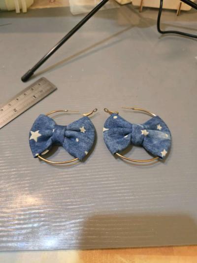 Blue and white bow denim style hoop earrings kawaii cutejewe - Thumbnail 2