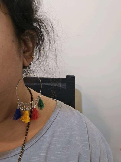 Colourful tassel earrings with silver hoops festivalvibes - Thumbnail 5