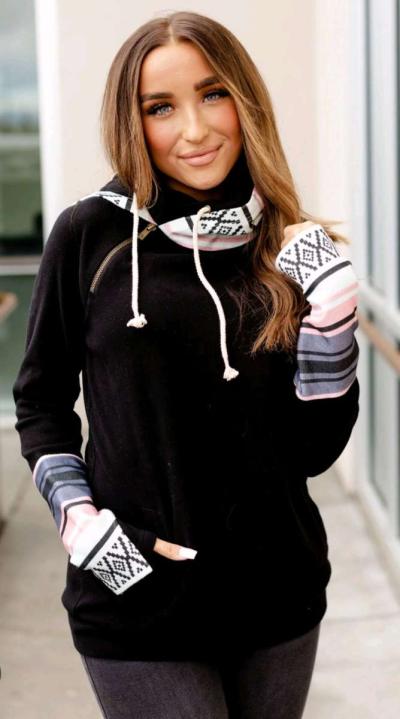 AZTEC BLACK DOUBLE HOODED HOODIE WOMENS SMALL - Thumbnail 4