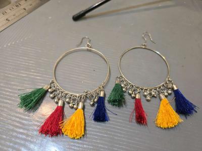 Colourful tassel earrings with silver hoops festivalvibes - Thumbnail 3