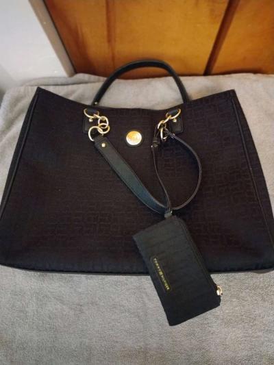 TOMMY HILFIGER Signature Black Canvas Faux Leather Shoulder