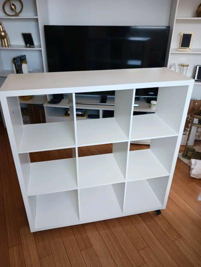 White Bookshelf on Wheels  9 Cube Storage Scratches  Holes - Thumbnail 5