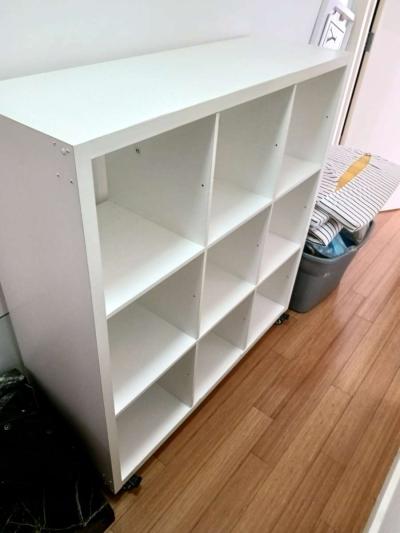 White Bookshelf on Wheels  9 Cube Storage Scratches  Holes - Thumbnail 2