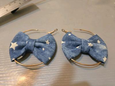 Blue and white bow denim style hoop earrings kawaii cutejewe - Thumbnail 4