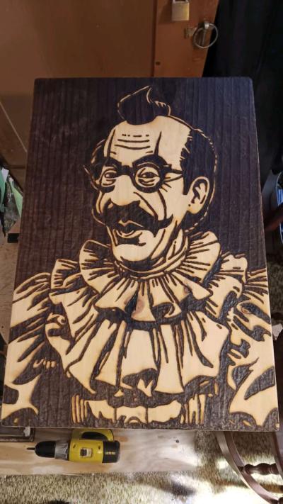 Groucho the Clown pyrography